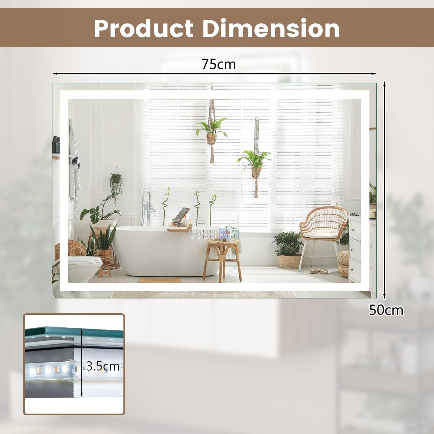 Premium LED Bathroom Mirror – Anti-Fog Smart Touch 75 x 50cm
