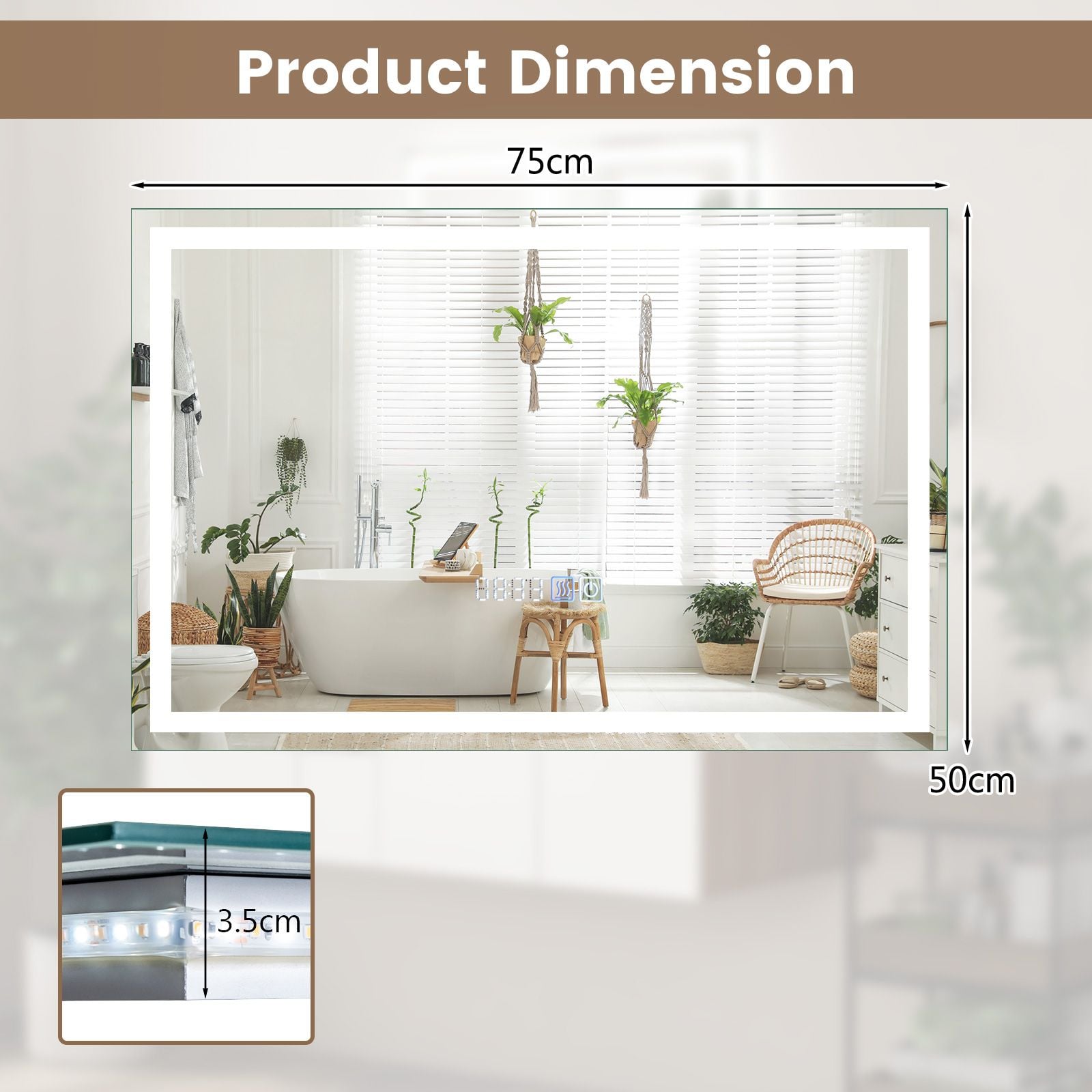 Premium LED Bathroom Mirror – Anti-Fog Smart Touch 75 x 50cm