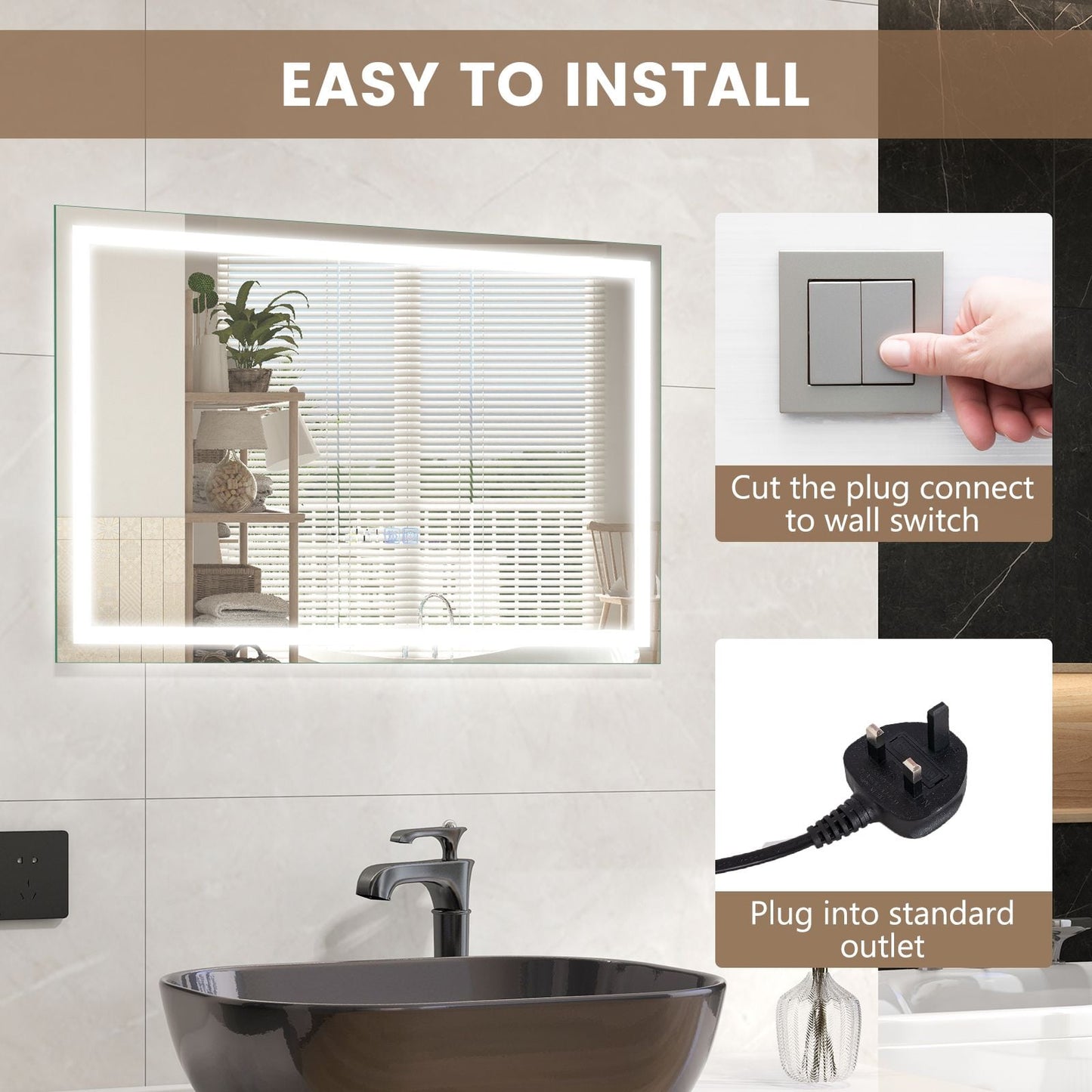 Premium LED Bathroom Mirror – Anti-Fog Smart Touch 75 x 50cm