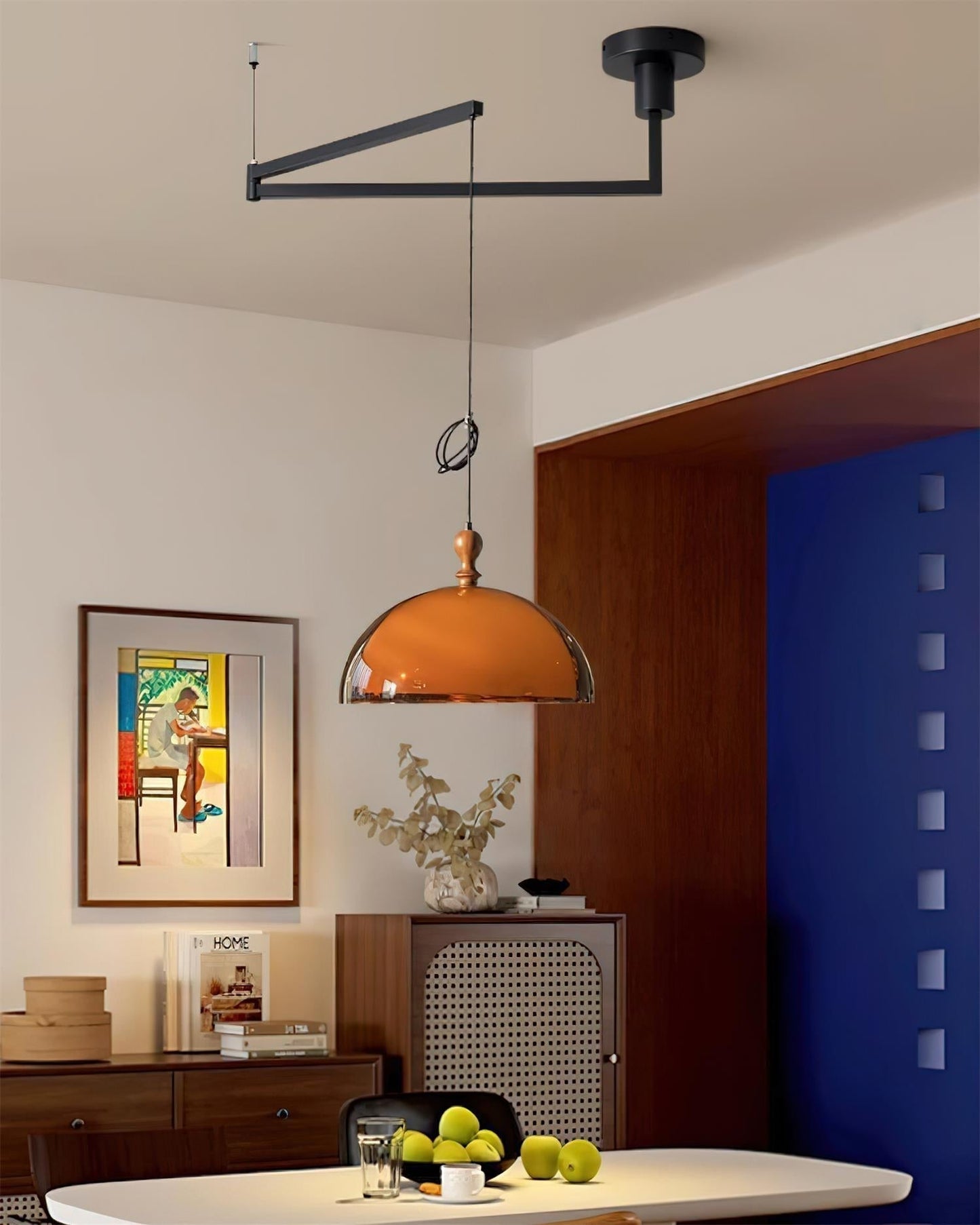 Adjustable Swing Arm Pendant Lamp With Wood Accents For Ambient Lighting