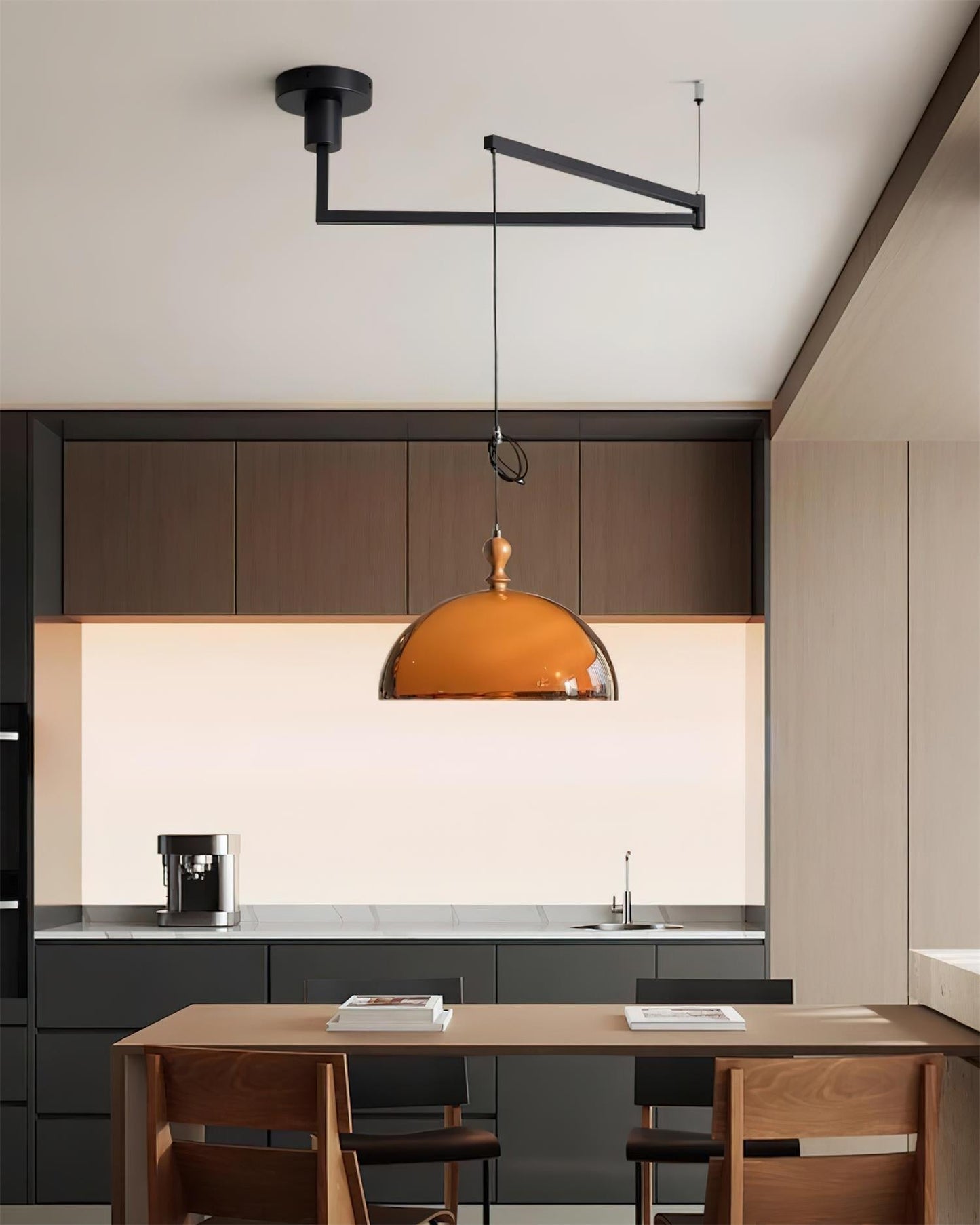 Adjustable Swing Arm Pendant Lamp With Wood Accents For Ambient Lighting