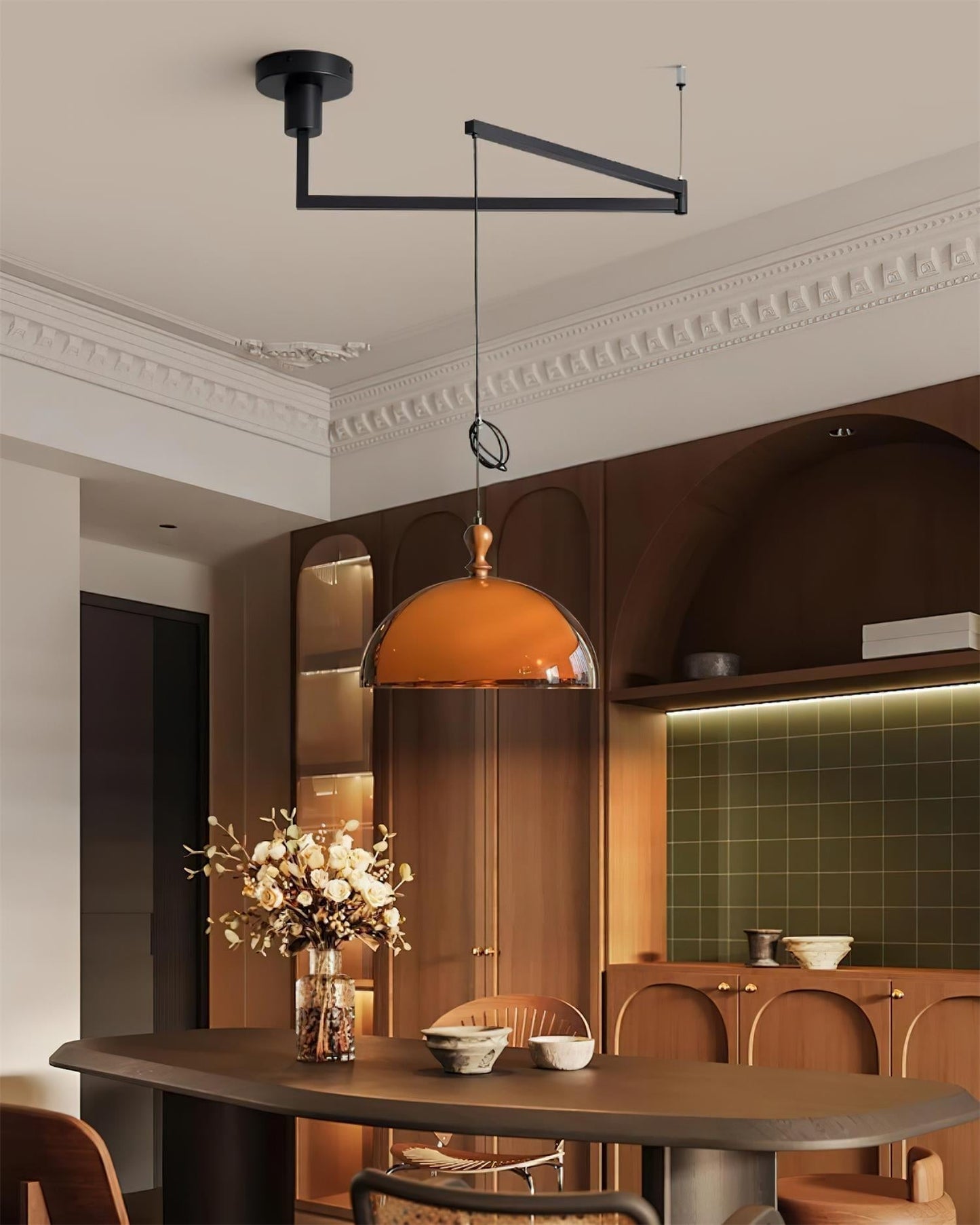 Adjustable Swing Arm Pendant Lamp With Wood Accents For Ambient Lighting