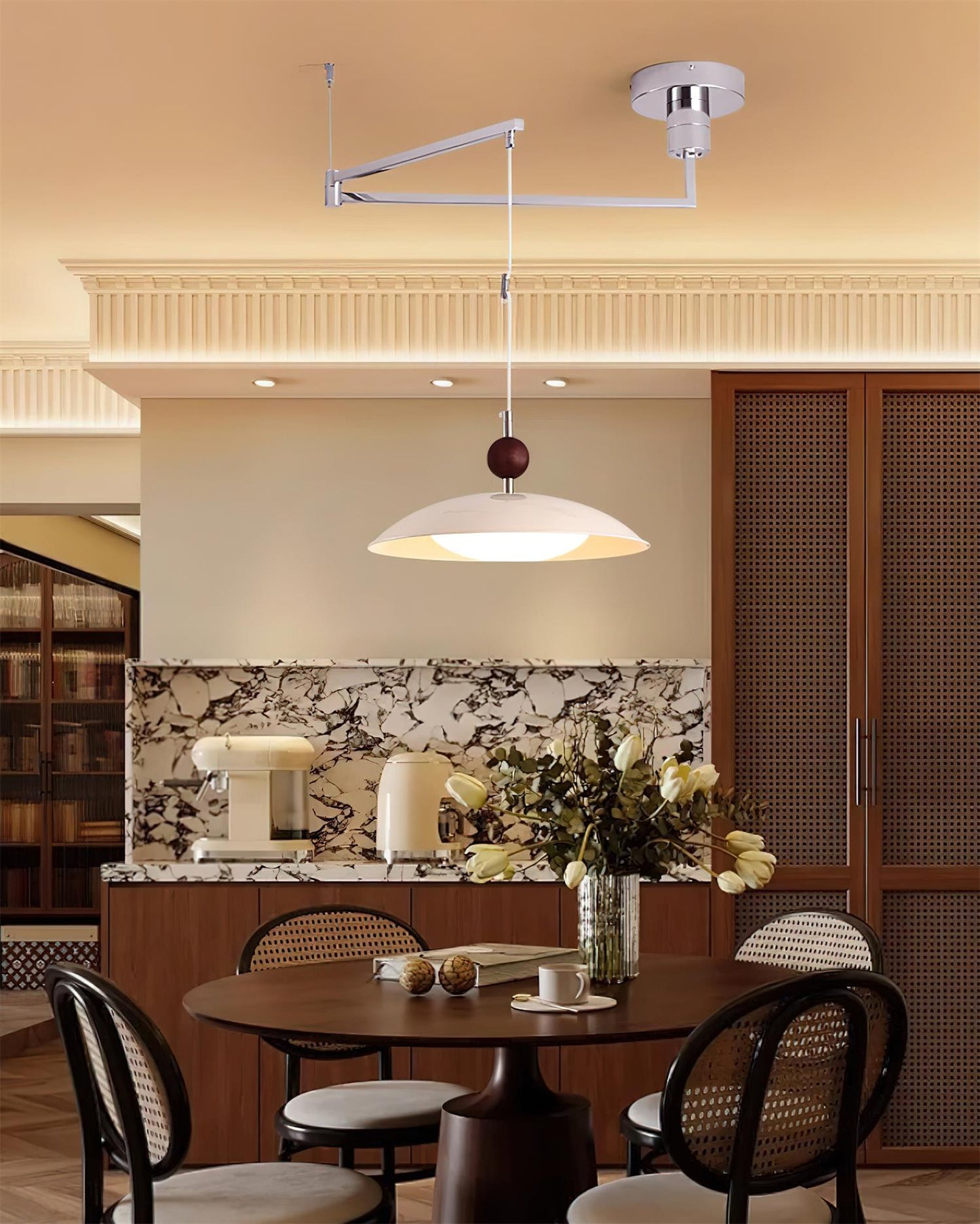 Adjustable Pendant Light With White Acrylic Shade And Walnut
