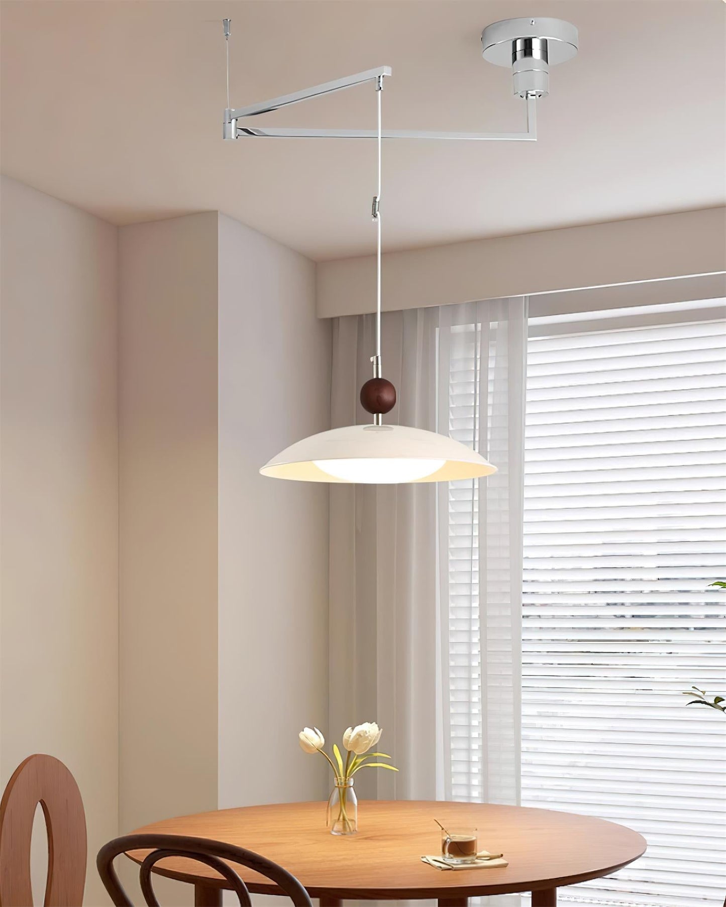 Adjustable Pendant Light With White Acrylic Shade And Walnut