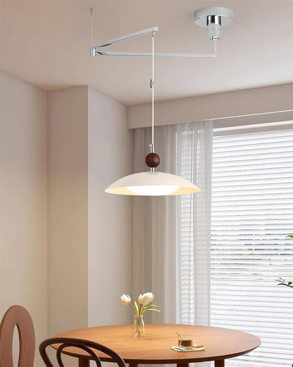 Adjustable Pendant Light With White Acrylic Shade And Walnut